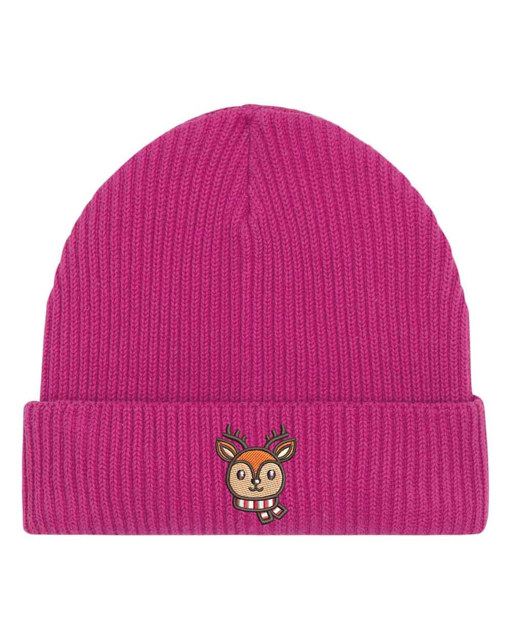 Căciulă roz din tricot reiat cu manșetă întoarsă, brodată cu un personaj simpatic de ren pe partea frontală, un accesoriu drăguț și festiv pentru sezonul rece.