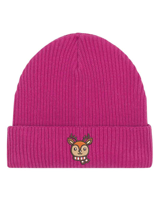 Căciulă roz din tricot reiat cu manșetă întoarsă, brodată cu un personaj simpatic de ren pe partea frontală, un accesoriu drăguț și festiv pentru sezonul rece.