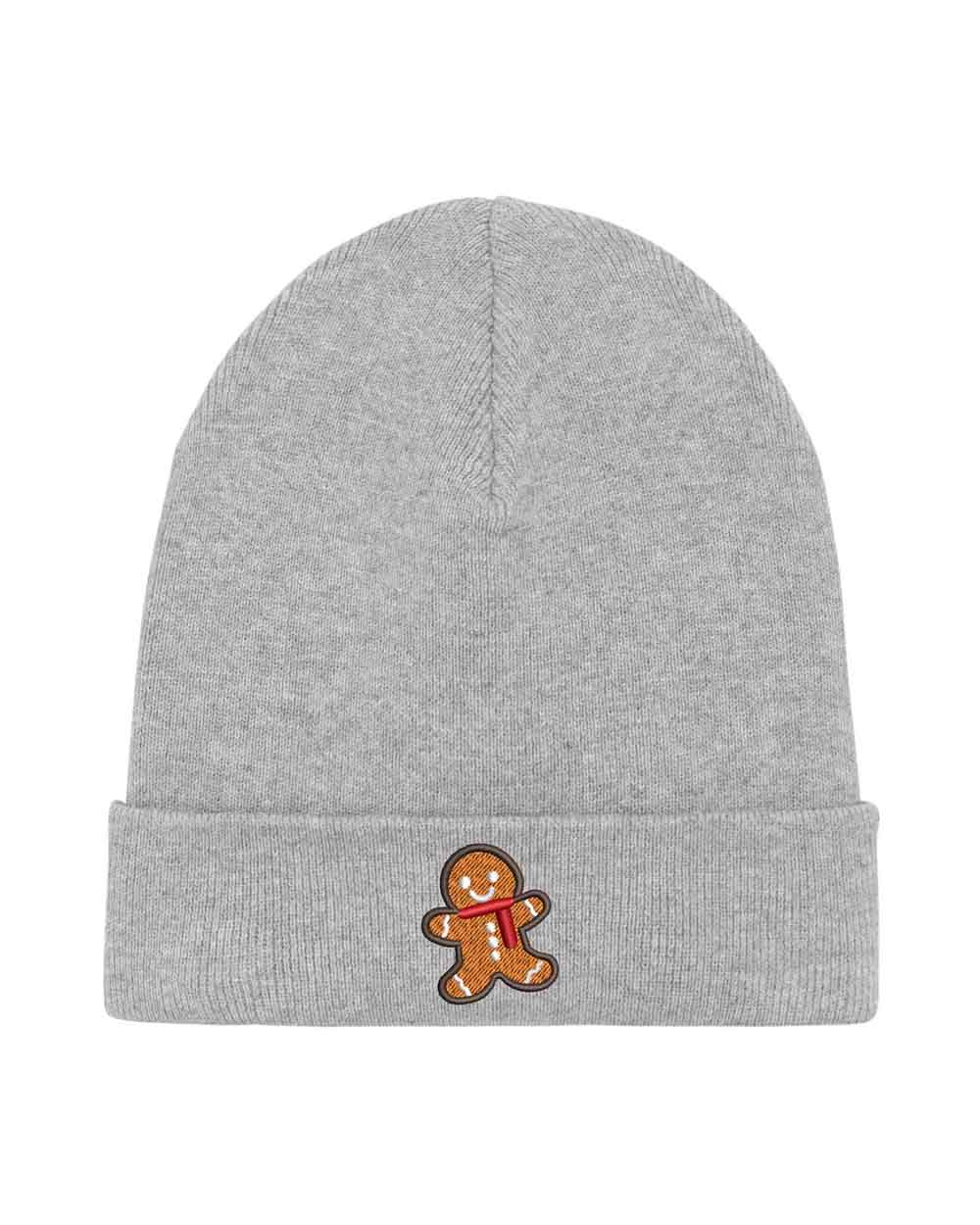 Căciulă gri din tricot cu manșetă întoarsă, brodată cu un omuleț de turtă dulce pe partea frontală, un accesoriu drăguț și festiv pentru sezonul rece.