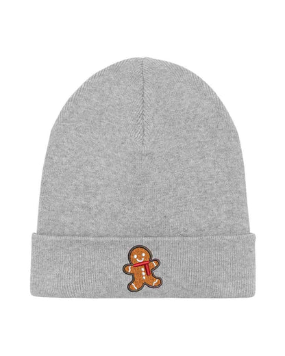 Căciulă gri din tricot cu manșetă întoarsă, brodată cu un omuleț de turtă dulce pe partea frontală, un accesoriu drăguț și festiv pentru sezonul rece.