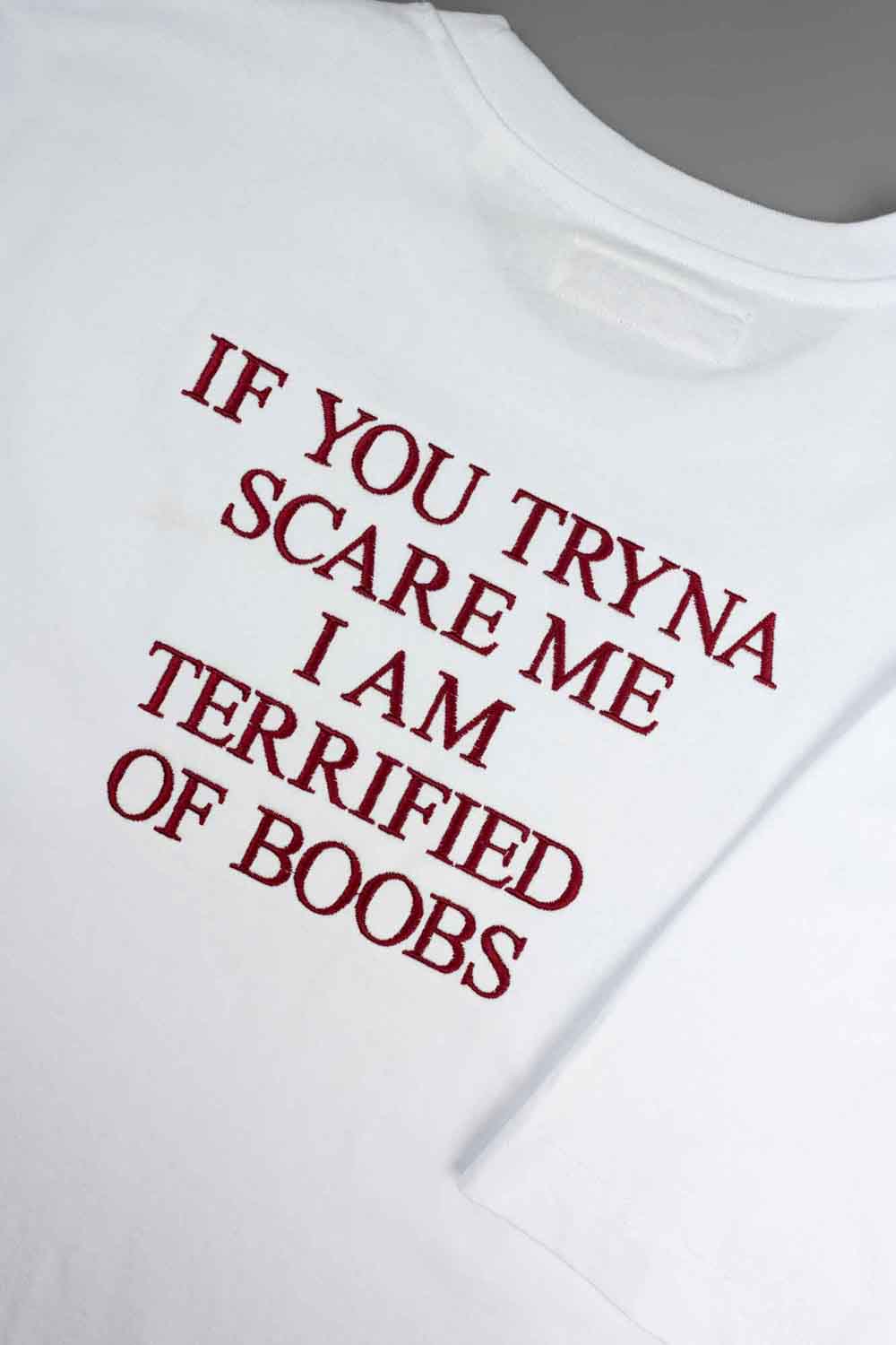 Tricou alb cu mânecă scurtă din bumbac organic, cu textul roșu „IF YOU TRYNA SCARE ME I AM TERRIFIED OF BOOBS” brodat pe partea din spate.