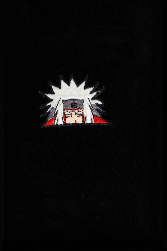 Patch brodat inspirat de personajul Jiraiya din anime, cu design alb-negru, un accesoriu dedicat fanilor culturii japoneze.