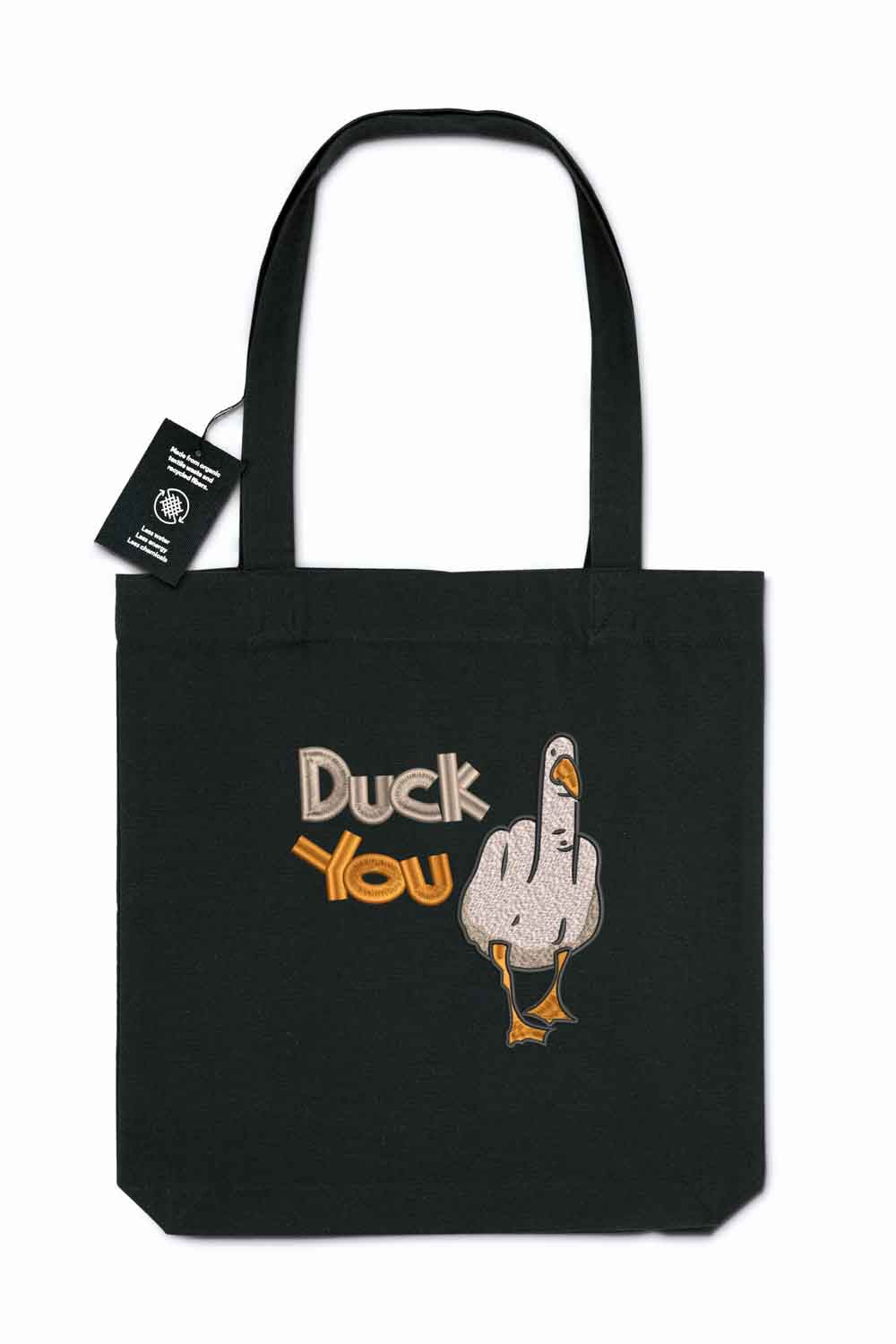Tote bag brodat negru cu textul „Duck You” și ilustrație amuzantă cu o rață, un design ironic și jucăuș purtat în aer liber.