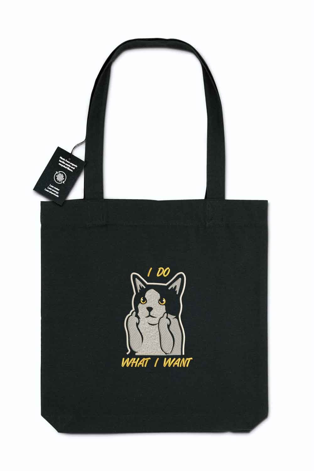 Tote bag brodat negru cu ilustrație amuzantă de pisică și mesajul „I Do What I Want”, un design jucăuș purtat în aer liber.