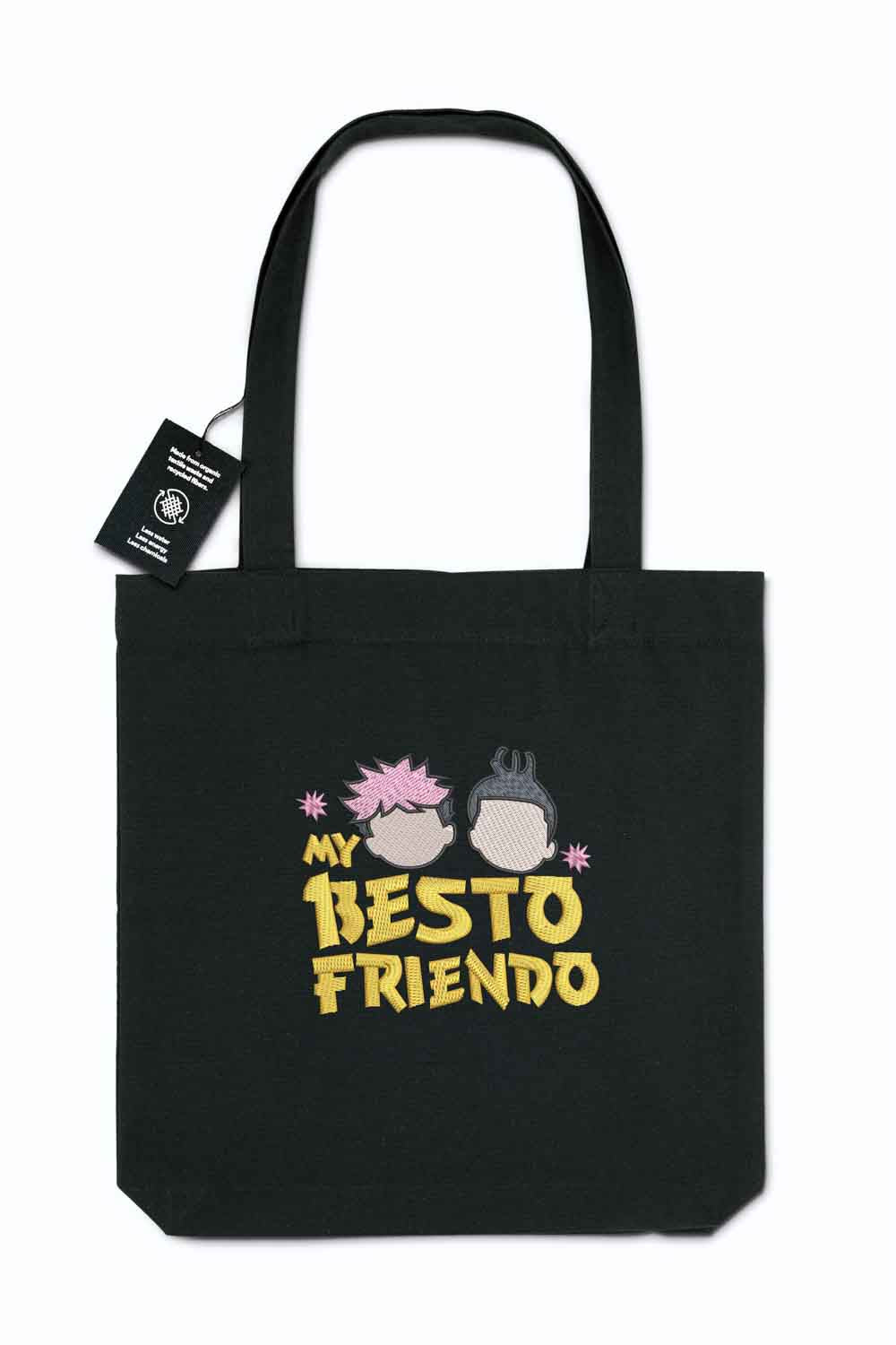Tote bag brodat negru cu design colorat și mesajul amuzant „My Besto Friendo”, cu ilustrații tip desen animat, purtat în aer liber.